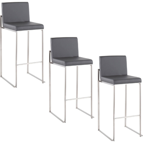 Fuji 30" High Back Bar Stool in Stainless Steel & Grey Leatherette (Set of 3)